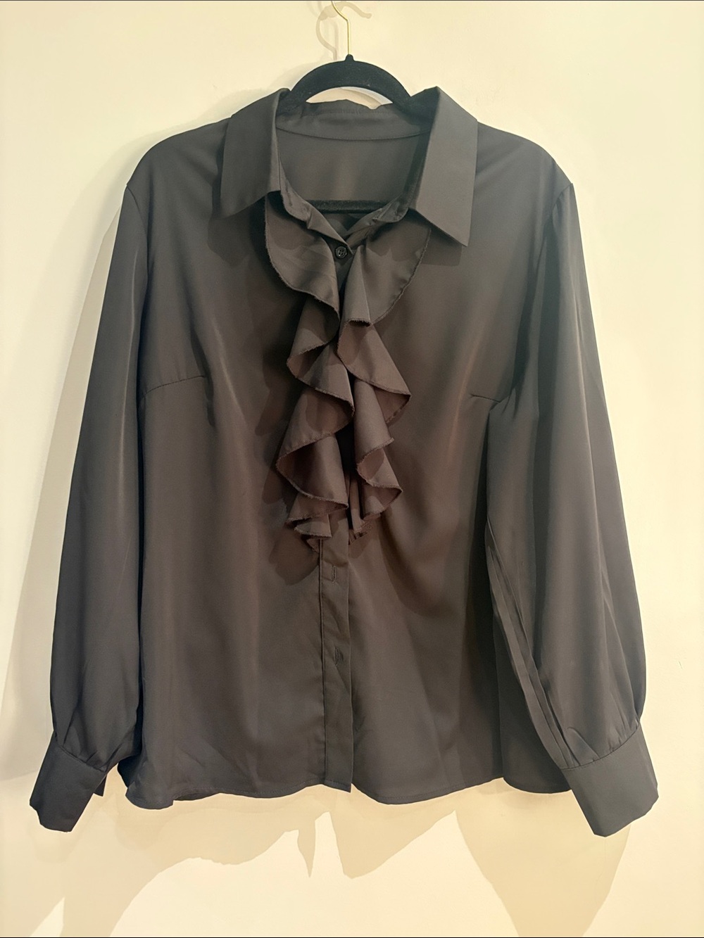 Black Ruffle Front Button Down Blouse – Size L / 10